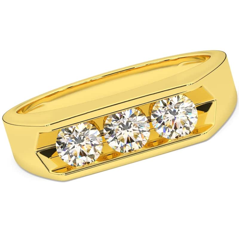 1 1/2ct Lab Grown Diamond Three Stone Mens Wedding Ring Yellow Gold