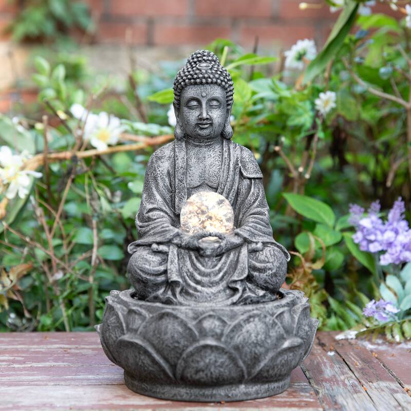 Glitzhome 12"H Zen-Style Polyresin Table Fountain with Pump and LED Light