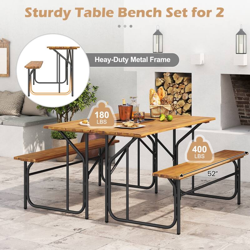 Gymax 2PCS Table Bench Set for 2 Picnic Table & Loveseat w/Acacia Wood