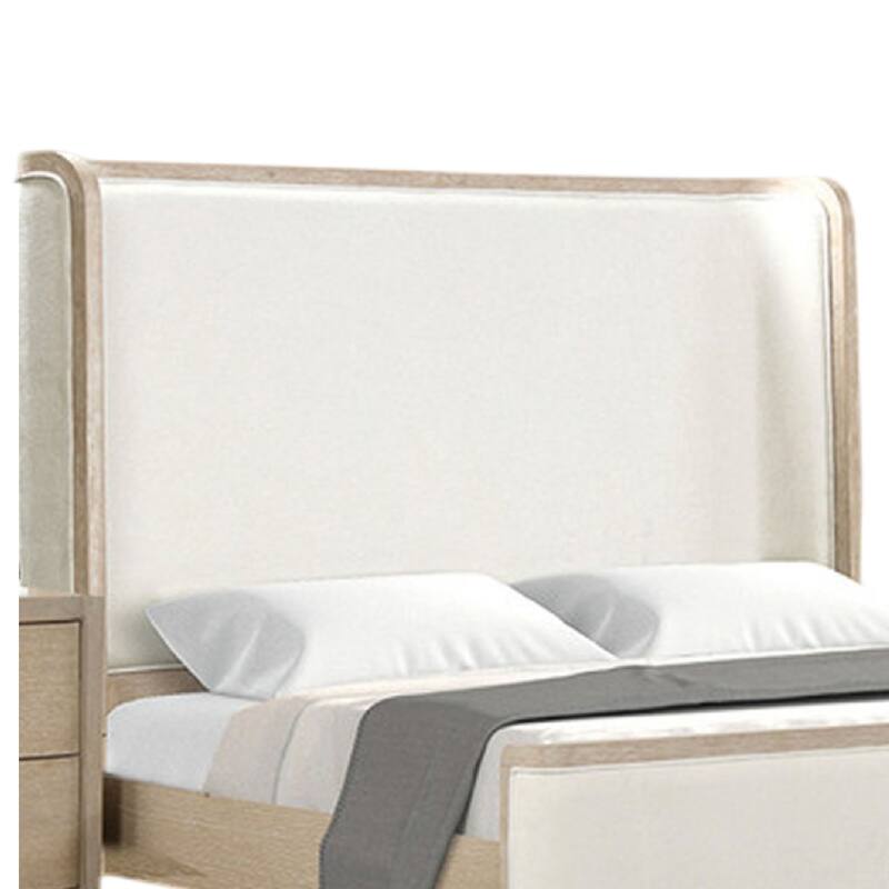 Fea Queen Bed, Natural Oak, Shelter Padded Headboard, White Upholstery