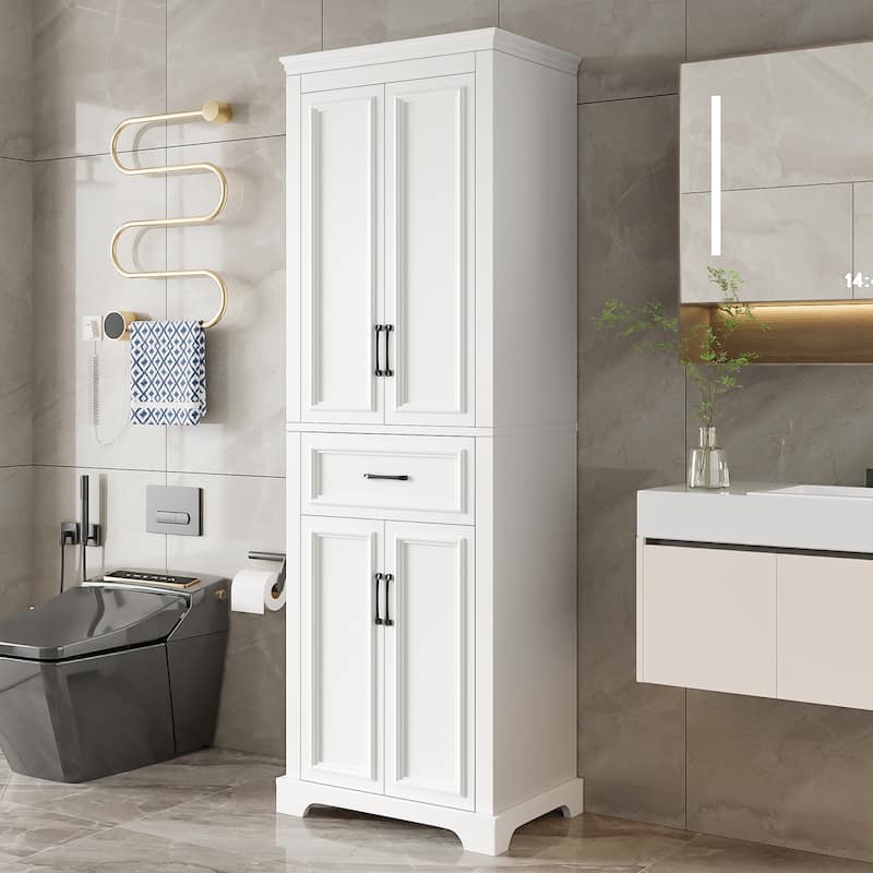 Modern Elegant White Tall Cabinet Freestanding Storage Cabinet for Bathroom with Adjustable Shelves and Damping Hinge Doors