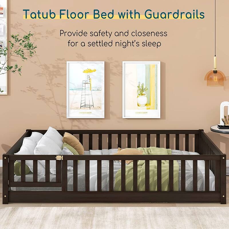 Twin/Full/Queen Size Floor Bed with Safety Guardrails, Toddler Floor Bed for Girls and Boys