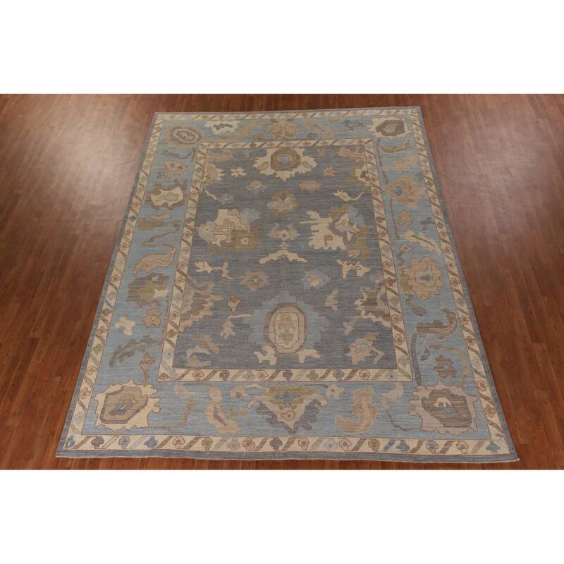Floral Vegetable Dye Oushak Turkish Area Rug Hand-Knotted Wool Carpet - 9'1" x 11'8"