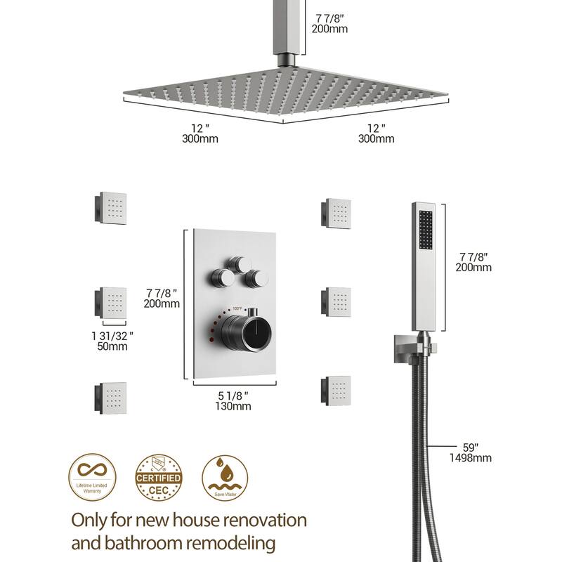 Shower System 12" Ceiling Rain Shower Head with 3-Way Thermostatic Faucet & Body Jets