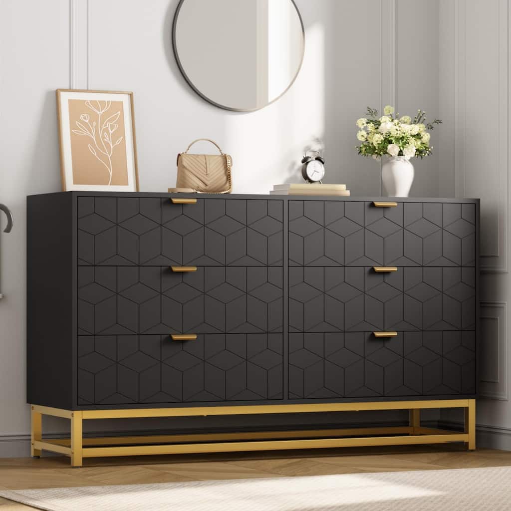53.5" Modern 6-Drawer Dresser with Metal Legs, Wide Storage Chest of Drawers for Bedroom, Living Room, Entryway