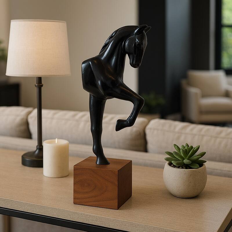 Horse Figurine Sculpture on Wooden Stand Base - 12", Black & Brown - 12.0"