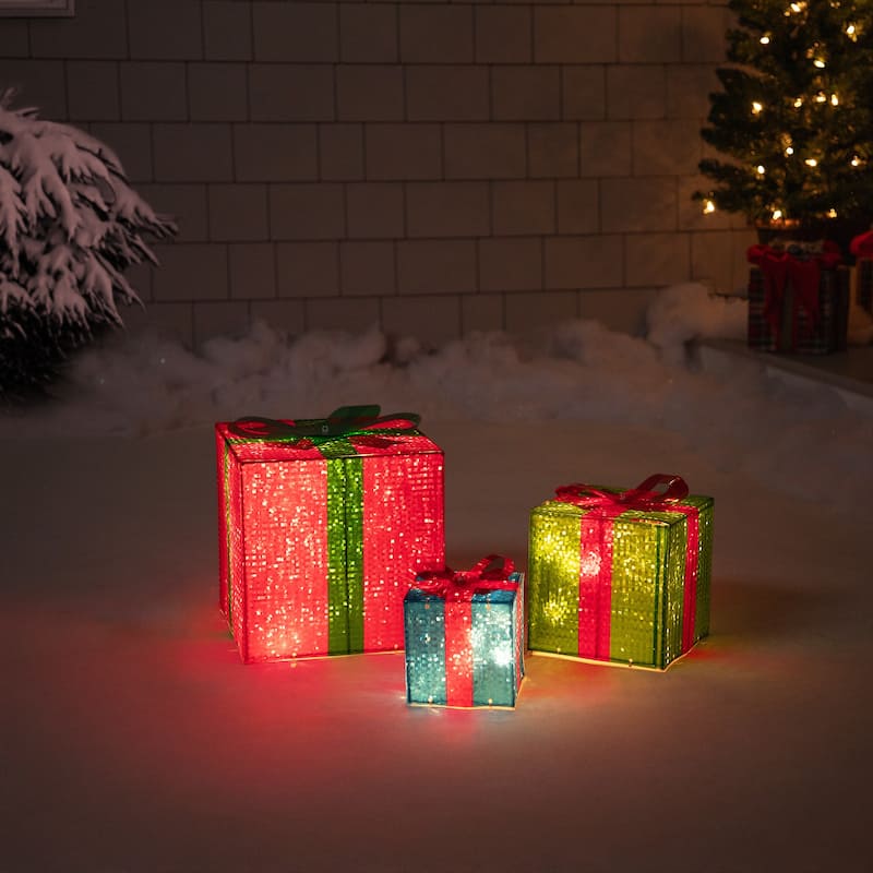 Set of 3 Red Green Lighted Gift Box Outdoor Patio Christmas Decor 10"