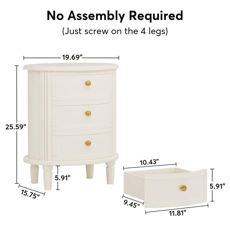 White Wood No Assembly Required 3-Drawer Bedside Table for Bedroom