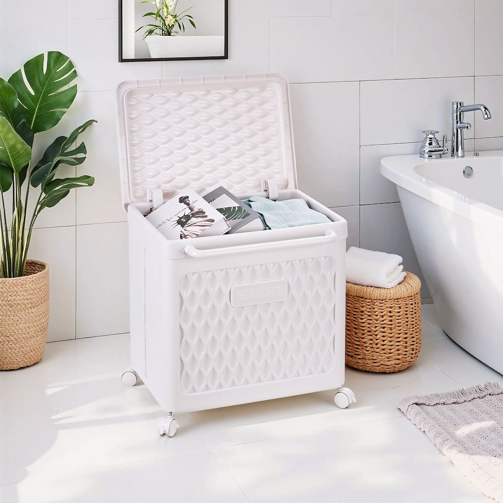 Javlergo White Rolling Laundry Cart with Lid & Wheels 80L Large Capacity Hamper 360° Swivel Wheels with Brakesfor Laundry