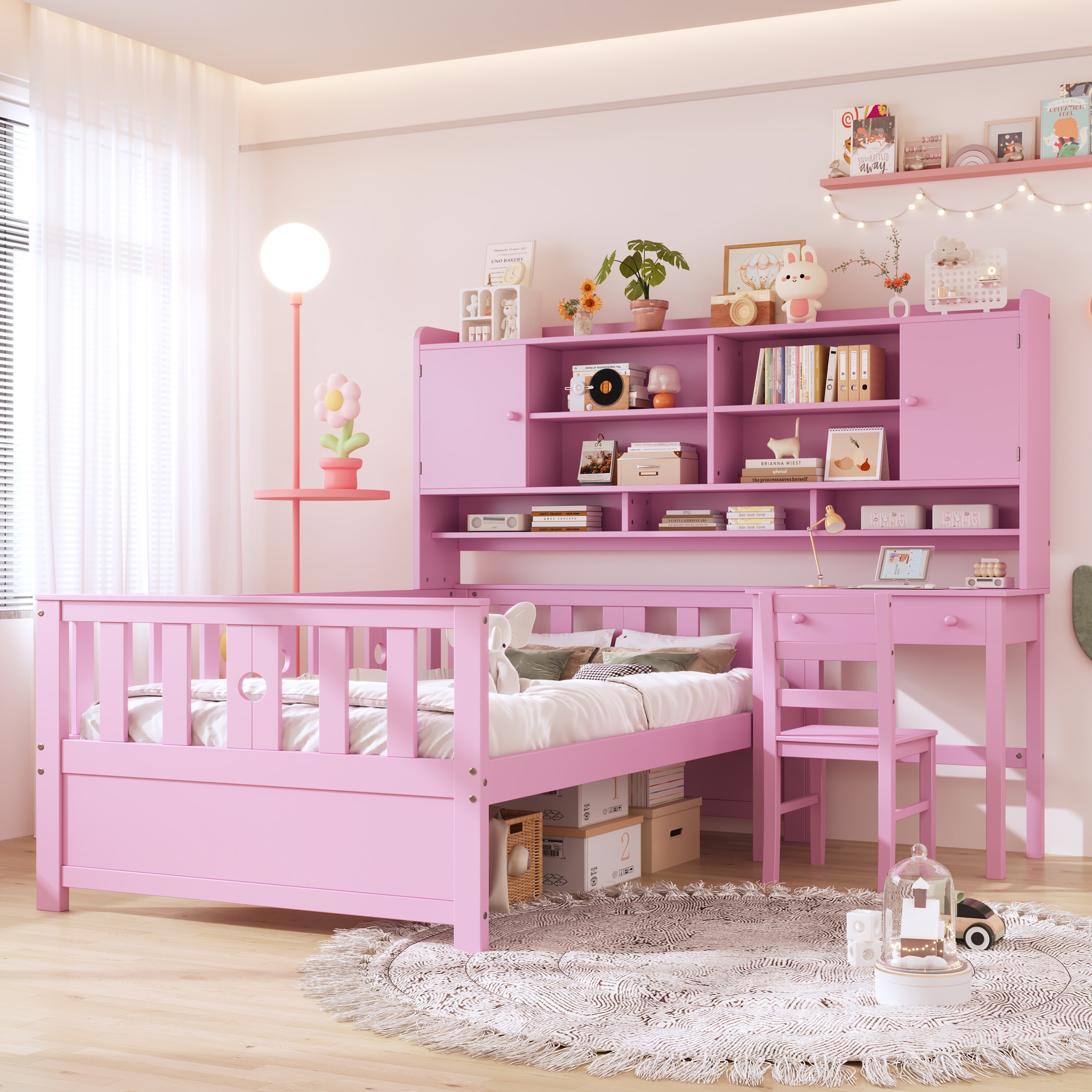 Twin Size Multifunctional Wood Platform Bed with Bookshelf at the Head of the Bed Built in Desk and Matching Chair Pink