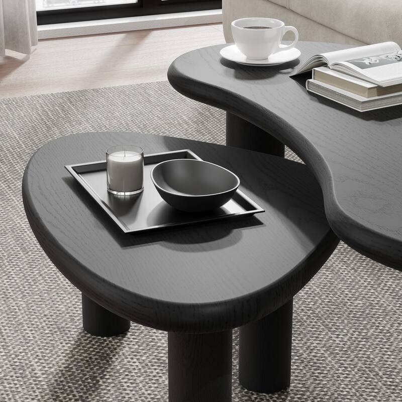 Modern Nested Coffee Tables Set 2-Piece Irregular Shaped Solid Wood Accent Tables for Home Office Living Room