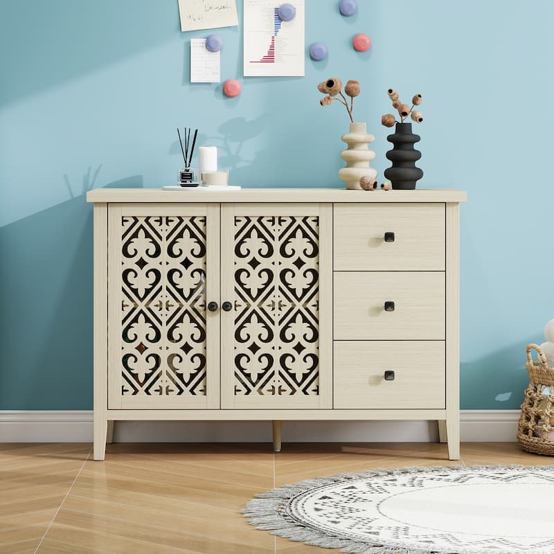 Roomfitters Hollow Carved Sideboard Buffet Cabinet with 2 Doors and 3 Drawers, Natural