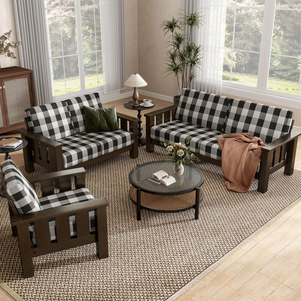 Furniture of America Milou Rustic 3-Piece Wood Plaid Patterned Fabric Sofa Set