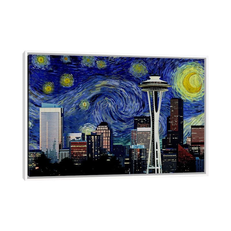 iCanvas "Seattle, Washington Starry Night Skyline" by 5by5collective Framed Canvas Print - White - 26x40