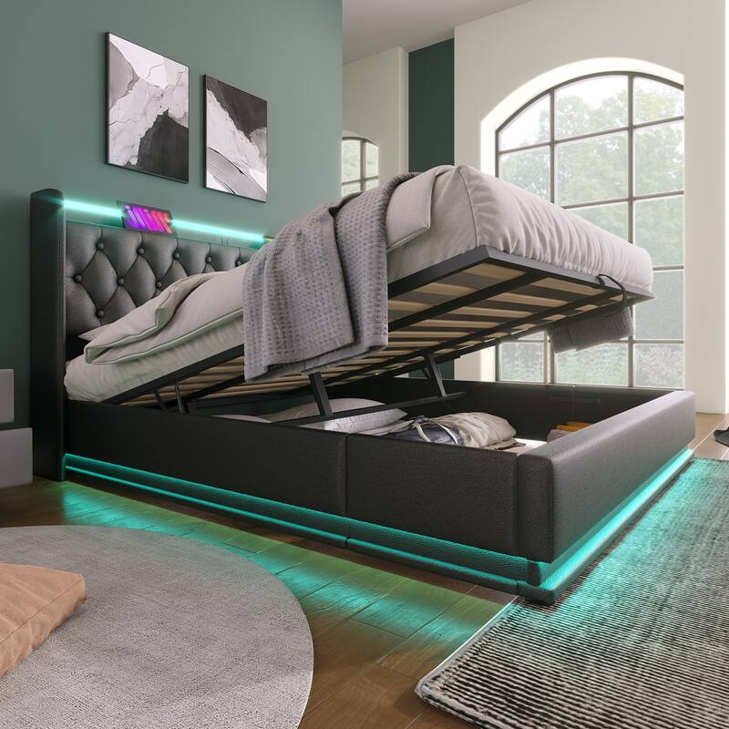 King Size Platform Bed Underbed Storage Bed with Wingback Tufted Headboard, USB and 360 Surround LED Strip, PU Upholstered