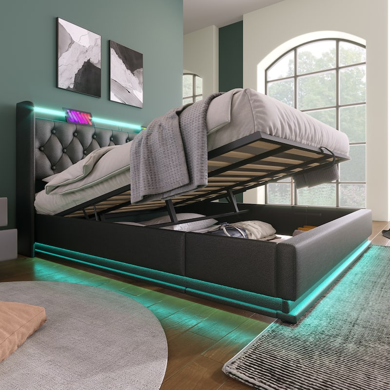King Size Upholstered Bed with LED Function and USB Charging