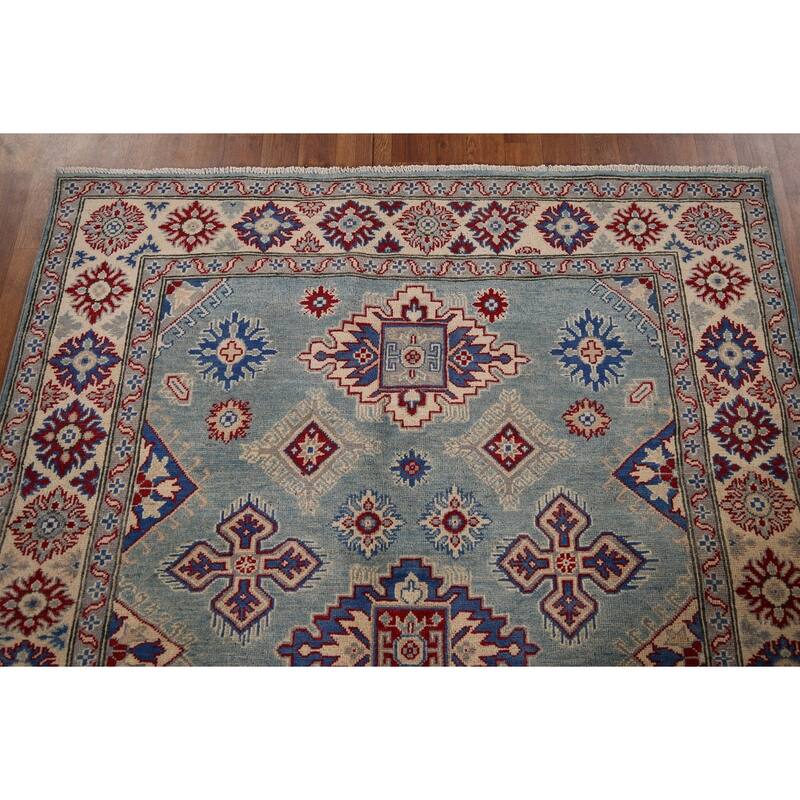 Light Blue Traditional / Geometric Kazak Rug Hand-Knotted Wool Carpet - 5'0" x 6'7"