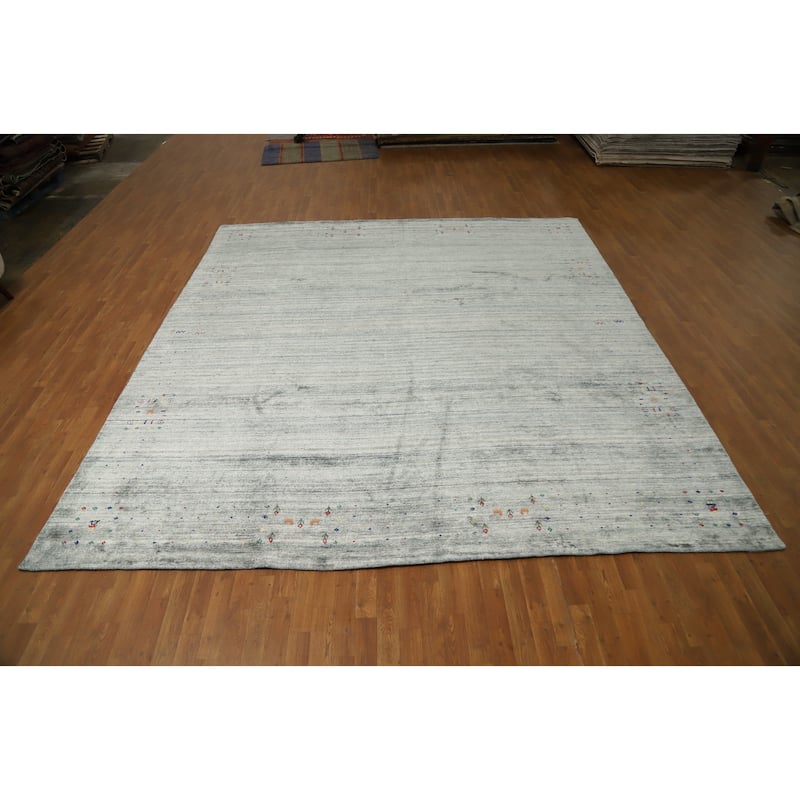 Hand Knotted Oriental Viscose Silk Carpet Tribal Animal Pictorial Greys & Charcoal Gabbeh Area Rug - 11' 8'' X 10' 9''
