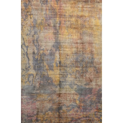 Hand Knotted Oriental Viscose Silk Carpet Modern Abstract Multi-Colored Abstract Area Rug - 8' 7'' X 6' 10''