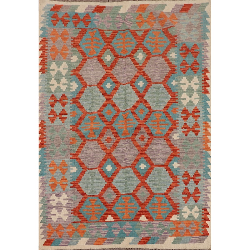 Kilim Reversible Oriental Area Rug Hand-Woven Multi-Color Wool Carpet - 5'0"x 6'4"