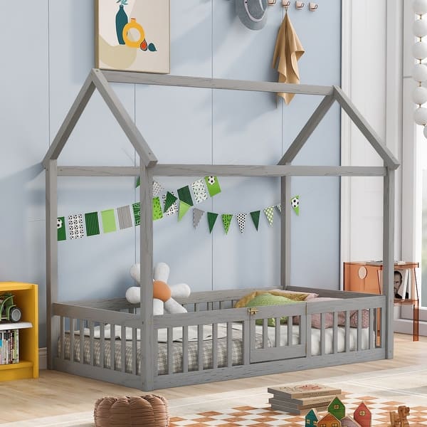 slide 2 of 8, Gray Twin Size Pine Wood House Bed with Fence, Door, and Solid Construction Gray