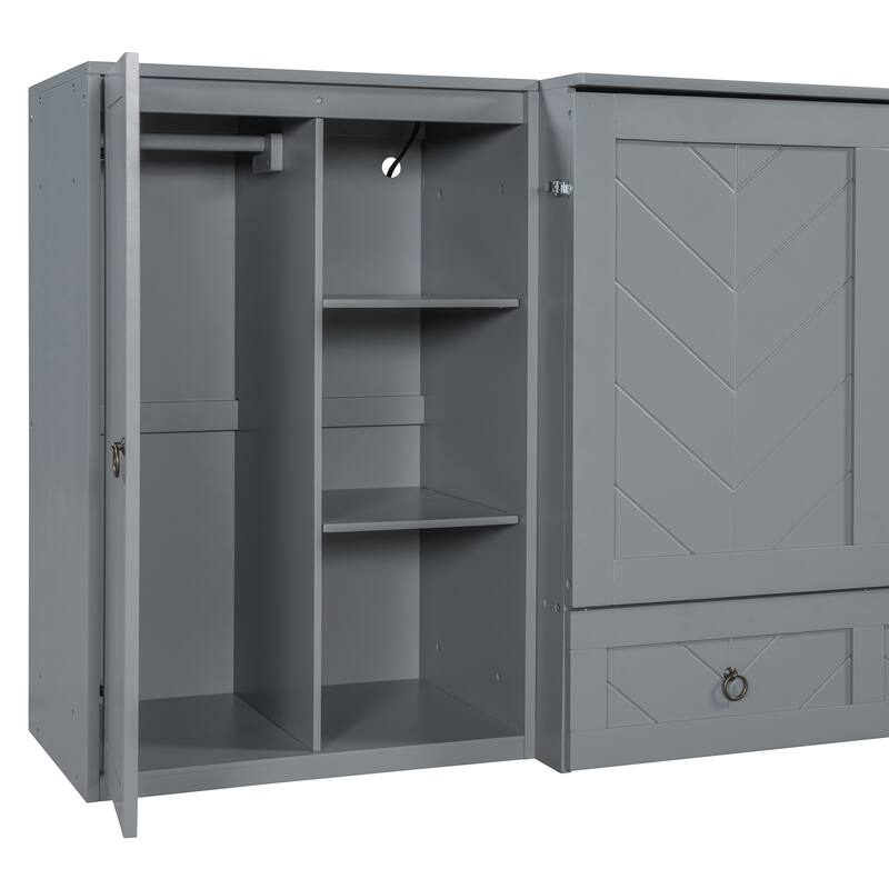 Queen Size Solid Wood Murphy Bed with Charging Station, Built-In Wardrobes, Drawers, and Foldable Cabinet Design