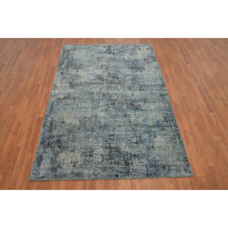 Hand Knotted Oriental Viscose Silk Carpet Modern Abstract Navy Blue & Blues Abstract Area Rug - 7' 10'' X 5' 3''