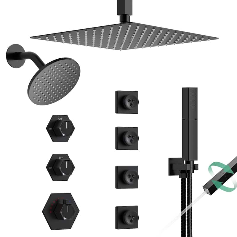 Dual Heads Thermostatic Shower Faucet with 12" Rainfall Shower, Handhels Spray And Body Jets - 12" x 6"