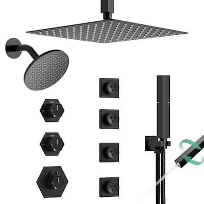 Dual Heads Thermostatic Shower Faucet with 12" Rainfall Shower, Handhels Spray And Body Jets - 12" x 6"