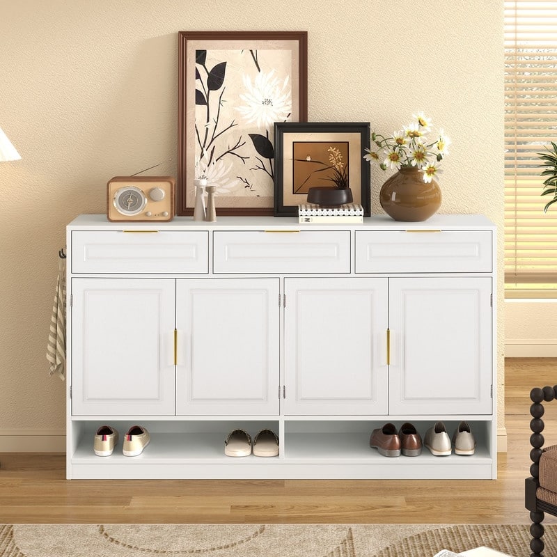 Farmhouse 59.1" Sideboard Cabinet with 3 Drawers and Open Shelf for Dining Room, Living Room, Entryway - White