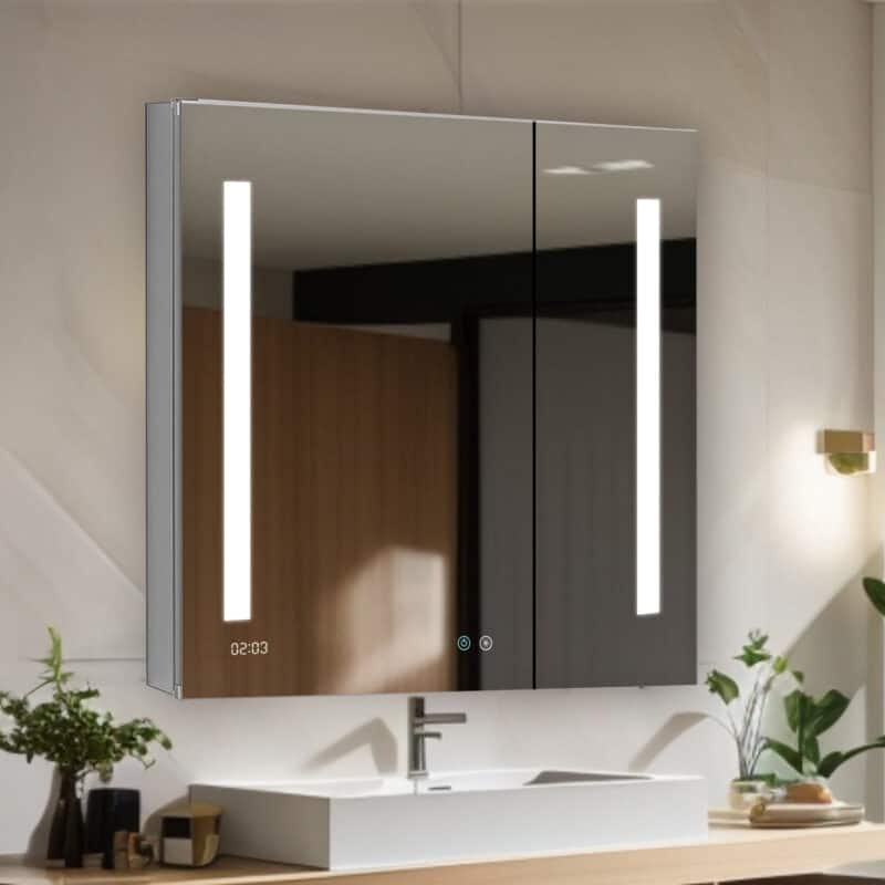 AQUADOM Signature Royale 30W LED Medicine Cabinet Defogger, 3X LED Vertically Adjustable Magnifying Mirror, Electrical Outlets