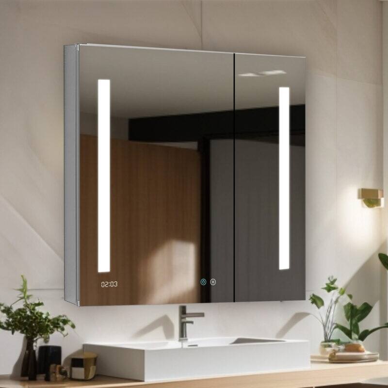 AQUADOM Signature Royale 30W LED Medicine Cabinet Defogger, 3X LED Vertically Adjustable Magnifying Mirror, Electrical Outlets