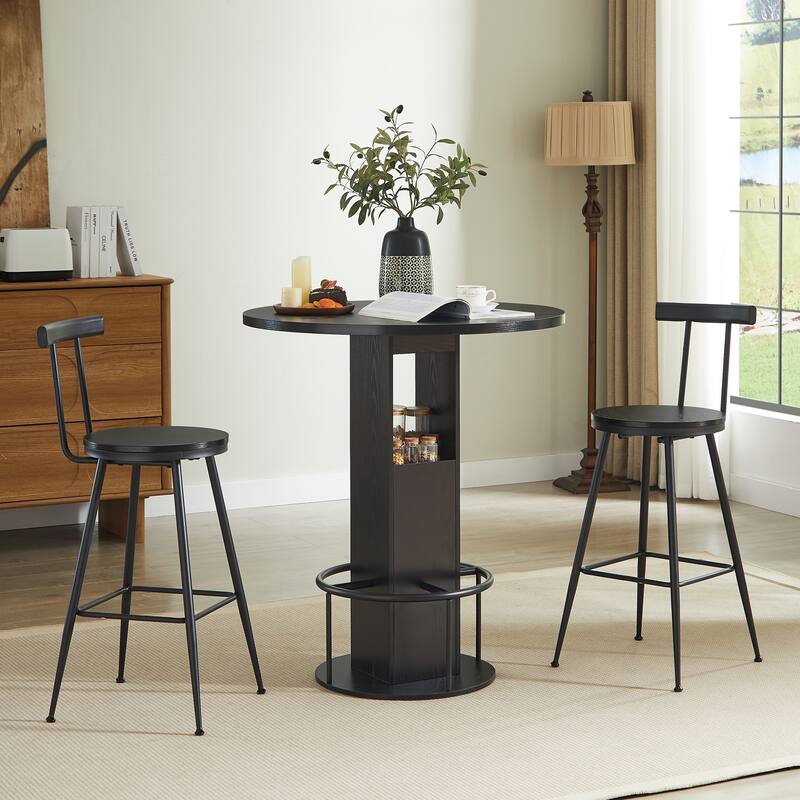 3-Piece Bar Table and Stool Set 31.5-inch round bar table with two stools Compact wooden dining bar with metal ring footrest