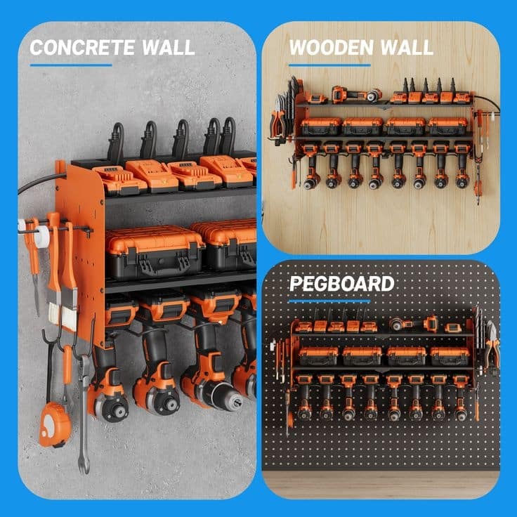 Power Tool Organizer with Charging Station Garage 8 Drill Holders Wall Mount with 8 Outlets Power Strip