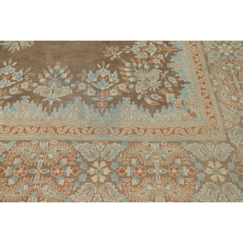 Hand Knotted Oriental 100% Wool Carpet Traditional Floral Brown Kerman Area Rug - 12' 10'' X 9' 9''
