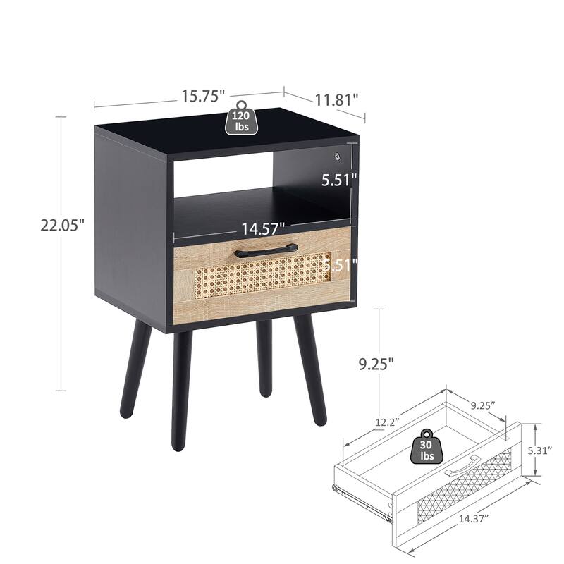 Modern Rattan End Table with Drawer and Solid Wood Legs