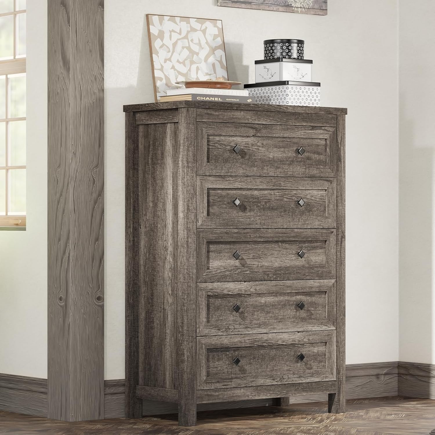 5 Drawers Dresser, Farmhouse Wooden Chest of Drawers, Rustic Grey, 47 inch Tall, for Bedroom, Living Room, Hallway and Entryway