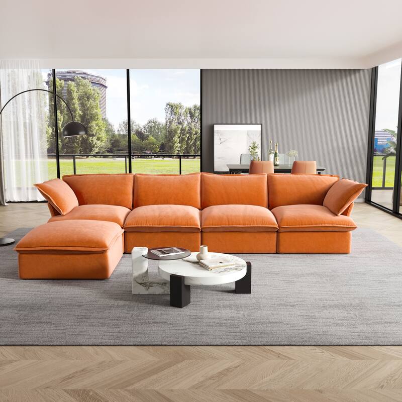 Cloud Sectional Sofa, 5-Seater Down Feather Modular Sofa L-shaped Velvet Wide Deep Seat Convertible Couch. - Orange