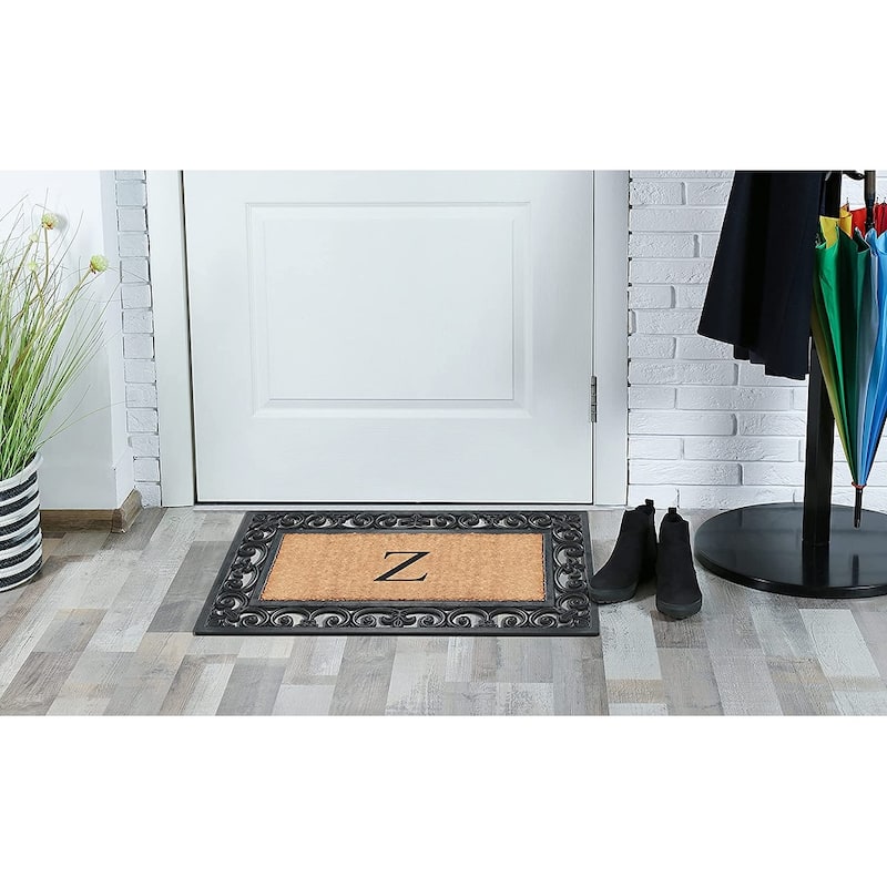 A1HC Rubber and Coir Paisley Border Monogrammed Outdoor Doormat Black, 18"X30"
