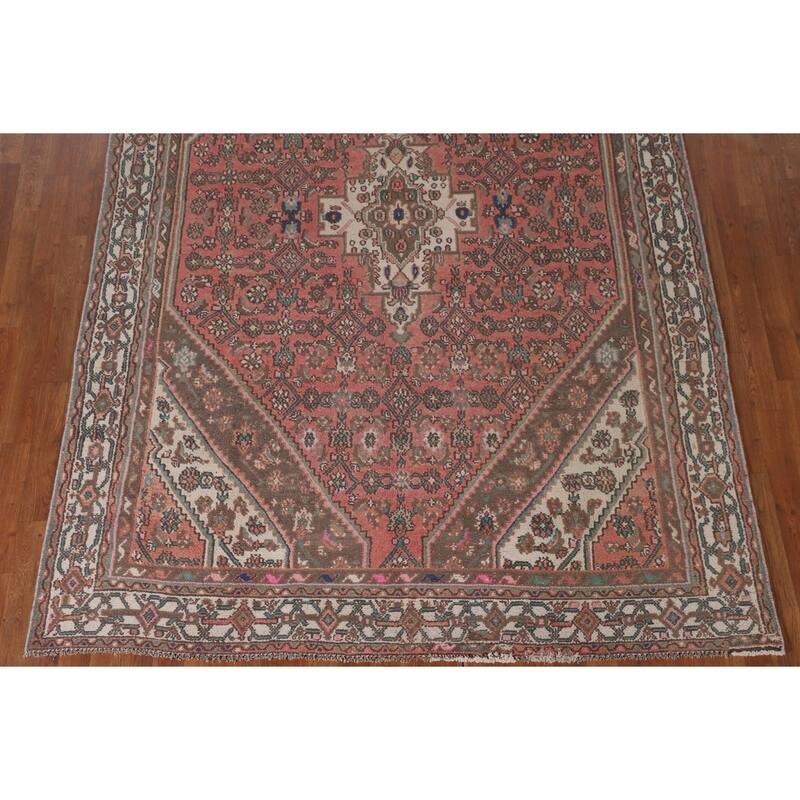 Geometric Pink Hamedan Persian Vintage Rug Hand-Knotted Wool Carpet - 6'7"x 9'7"