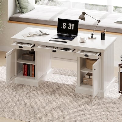 67"Modern Executive Desk,Computer Desk with 2 Storage Cabinet and 3 Drawers, Rectangle Home Office Desk with Back,Reading Desk