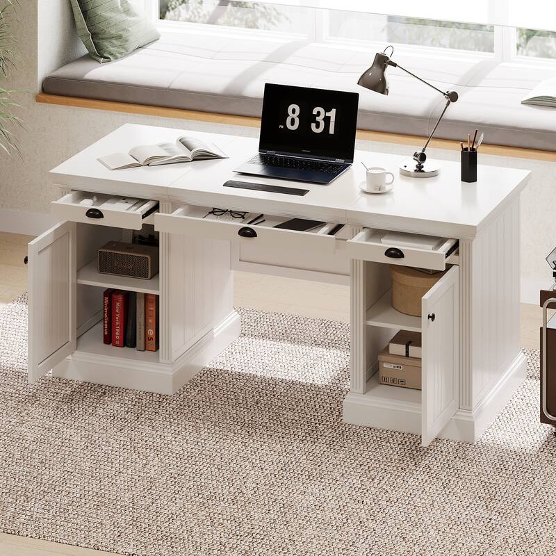 67''Modern Executive Desk,Computer Desk with 2 Storage Cabinet and 3 Drawers, Rectangle Home Office Desk with back - White