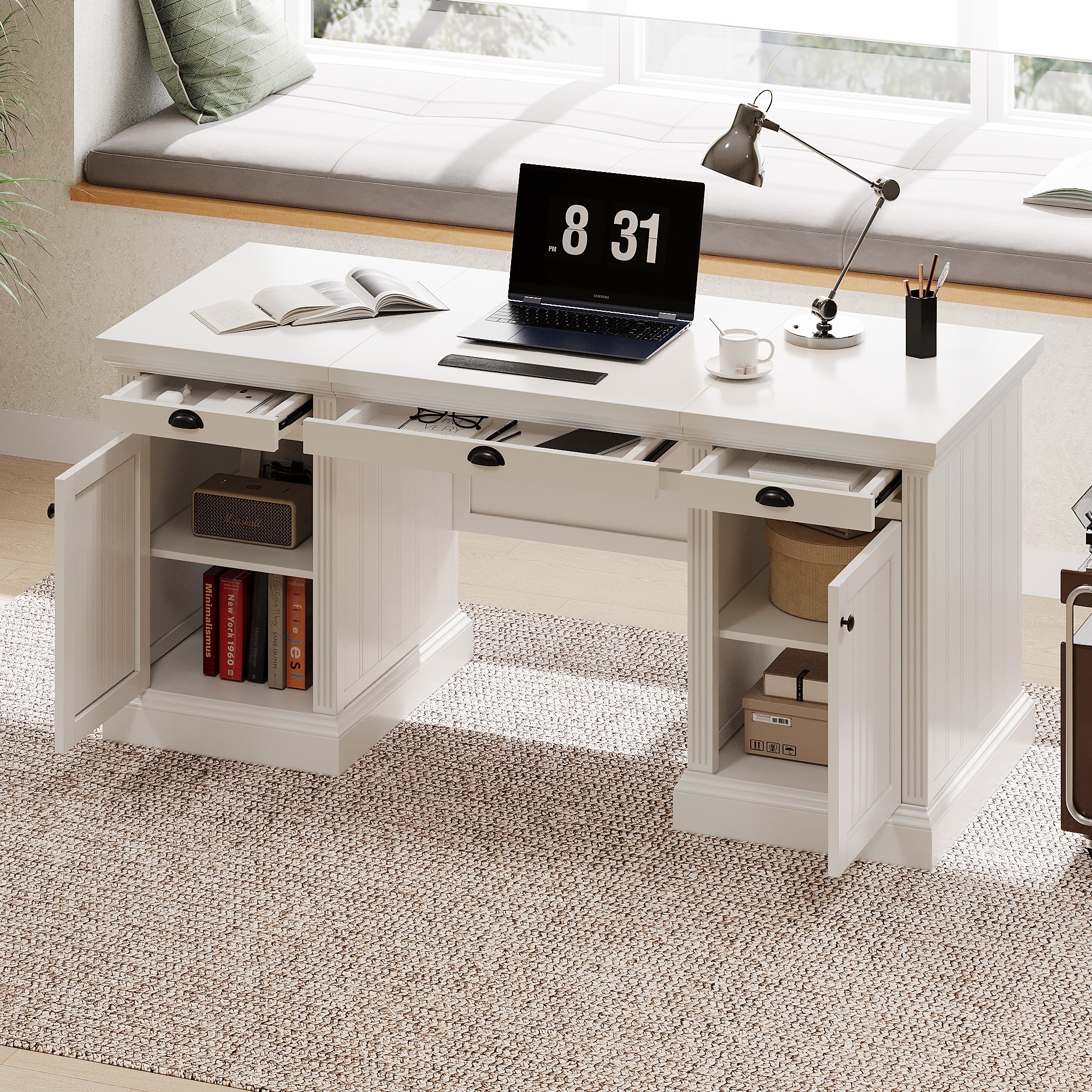 67 Inch Modern Executive Desk, Computer Desk with 2 Storage Cabinets and 3 Drawers, Rectangular Home Office Desk with Backrest