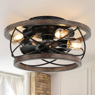 Cusp Barn 18 Inch Farmhouse Wood Ceiling Fan, Rustic 4-Light Flush Mount Low Profile Lighting Fixture for Living Room, Bedroom