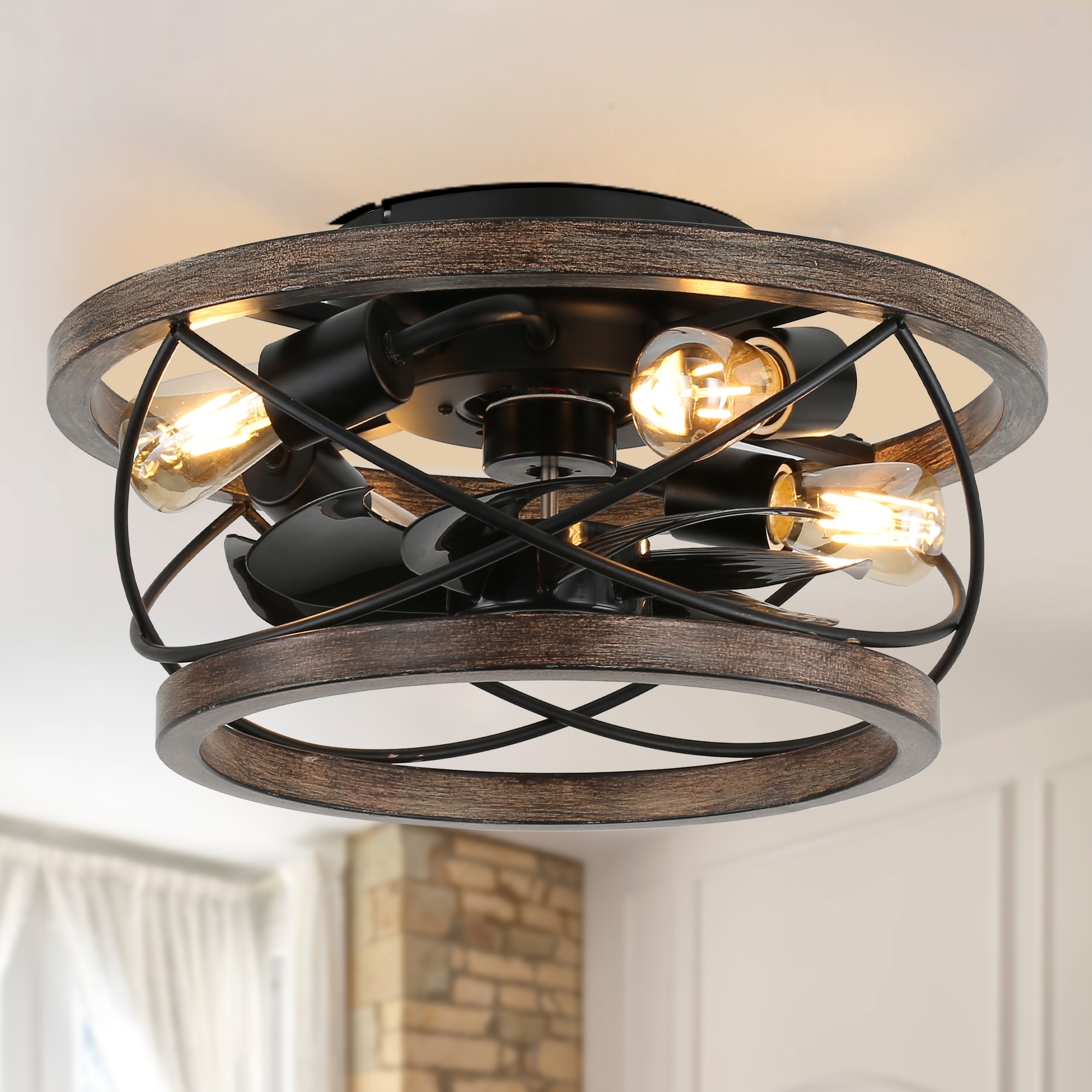 Cusp Barn 18 Inch Farmhouse Wood Ceiling Fan, Rustic 4-Light Flush Mount Low Profile Lighting Fixture for Living Room, Bedroom