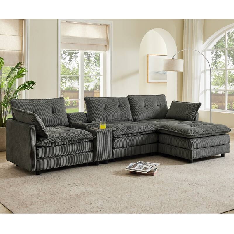 119.2" L-Shaped Corduroy Sectional Sofa with Console and Ottoman