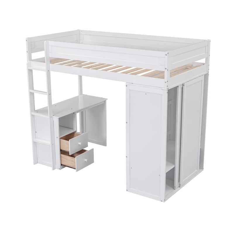 Merax Wood Loft Bed with Wardrobes and 2-Drawer Desk with Cabinet
