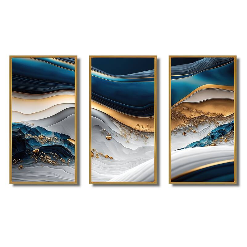 Designart "Abstract Geode Waves Blue II" Modern Waves Framed Canvas Art Print - 3 Panels