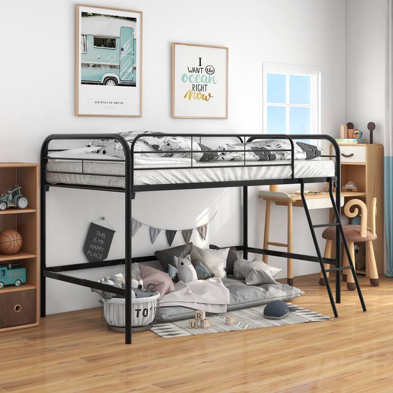 Twin Size Loft Bed for Kids with Full-Length Guardrails, Space Saving Metal Loft Bed Frame, Small Space Loft Bed for Teens