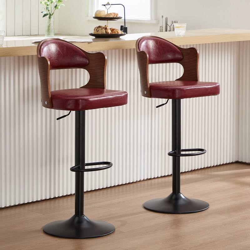 PU Leather Upholstered High-resilience Cushion 360° Swivel Adjustable Height Bar Stools with Footrest(set of 2) - Wine Red